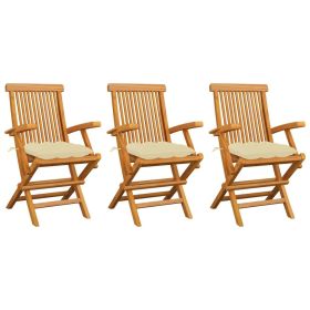 Patio Chairs with Cream White Cushions 3 pcs Solid Teak Wood
