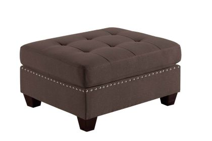 Living Room Furniture Tufted Ottoman Black Coffee Linen Like Fabric 1pc Ottoman Cushion Nail heads Wooden Legs