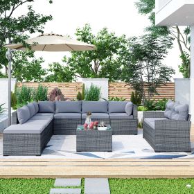 9-piece Outdoor Patio Large Wicker Sofa Set;  Rattan Sofa set for Garden;  Backyard; Porch and Poolside;  Gray wicker;  Gray Cushion