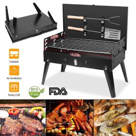 16.7x10x17.7in Portable Charcoal Grill Foldable BBQ Suitcase Grill Shelf For Outdoor Camping Picnics Garden Grilling (Color: Black)