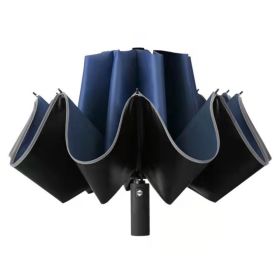 Umbrella Windproof Travel Umbrella Night Reflective Strip 99% Sun Protection Compact Folding Reverse Umbrella (Color: Navy Blue)