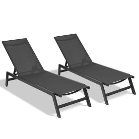 Outdoor 2-Pcs Set Chaise Lounge Chairs; Five-Position Adjustable Aluminum Recliner; All Weather for Patio; Beach; Yard; Pool (Color: Black)