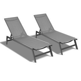 Outdoor 2-Pcs Set Chaise Lounge Chairs; Five-Position Adjustable Aluminum Recliner; All Weather for Patio; Beach; Yard; Pool (Color: Gray)