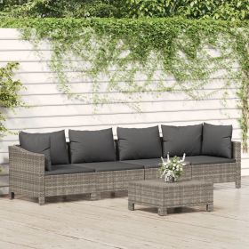 5 Piece Patio Lounge Set with Cushions Gray Poly Rattan (Color: Gray)