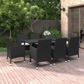 9 Piece Patio Dining Set with Cushions Poly Rattan and Glass (Color: Black)