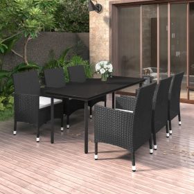 7 Piece Patio Dining Set with Cushions Poly Rattan and Glass (Color: Black)