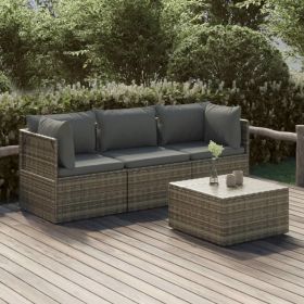 4 Piece Patio Lounge Set with Cushions Gray Poly Rattan (Color: Gray)