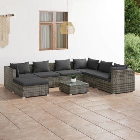 8 Piece Patio Lounge Set with Cushions Poly Rattan Gray (Color: Gray)