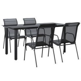 5 Piece Patio Dining Set Black Steel and Textilene (Color: Black)