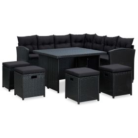 6 Piece Patio Lounge Set with Cushions Poly Rattan Black (Color: Black)
