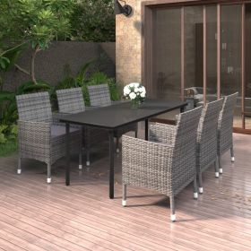 7 Piece Patio Dining Set with Cushions Poly Rattan and Glass (Color: Gray)