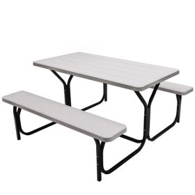 All Weather Outdoor Picnic Table Bench Set with Metal Base Wood (Color: White)