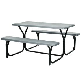 All Weather Outdoor Picnic Table Bench Set with Metal Base Wood (Color: Gray)