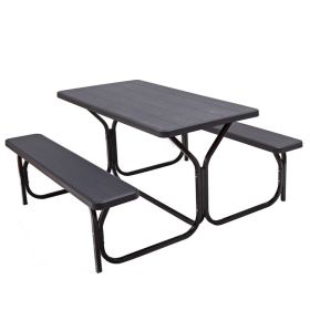 All Weather Outdoor Picnic Table Bench Set with Metal Base Wood (Color: Black)