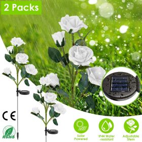 2Pcs Solar Powered Lights Outdoor Rose Flower LED Decorative Lamp Water Resistant Pathway Stake Lights (Color: White)