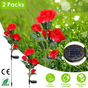 2Pcs Solar Powered Lights Outdoor Rose Flower LED Decorative Lamp Water Resistant Pathway Stake Lights (Color: Red)