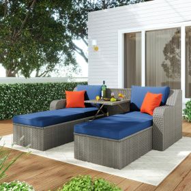 Patio Furniture Sets, 3-Piece Patio Wicker Sofa with Cushions, Pillows, Ottomans and Lift Top Coffee Table (Color: Blue)