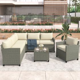 Patio Furniture Set, 5 Piece Outdoor Conversation Set, with Coffee Table, Cushions and Single Chair (Color: Beige)