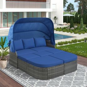 Outdoor Patio Furniture Set Daybed Sunbed with Retractable Canopy Conversation Set Wicker Furniture Sofa Set (Color: Blue)