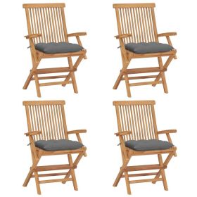 Patio Chairs with Gray Cushions 4 pcs Solid Teak Wood (Color: Grey)