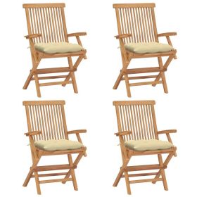 Patio Chairs with Cream White Cushions 4 pcs Solid Teak Wood (Color: Cream)