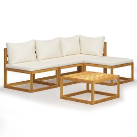 5 Piece Patio Lounge Set with Cushion Cream Solid Acacia Wood (Color: Cream)