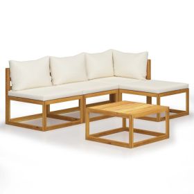 5 Piece Patio Lounge Set with Cushion Cream Solid Acacia Wood (Color: Cream)