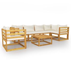 7 Piece Patio Lounge Set with Cushion Cream Solid Acacia Wood (Color: Cream)