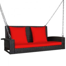 2-Person Patio Rattan Porch Swing with Cushions (Color: Red)