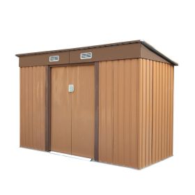 4.2' x 9.1' Outdoor Backyard Garden Metal Storage Shed for Utility Tool Storage (Color: Coffee)