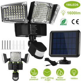 Solar Lights Outdoor 188 LEDs 1600lm Solar Security Lights Motion Sensor Lights 270Â°Lighting Angle Waterproof (Color: Black)