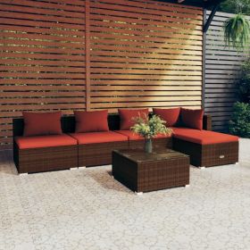 6 Piece Patio Lounge Set with Cushions Poly Rattan Brown (Color: Brown)