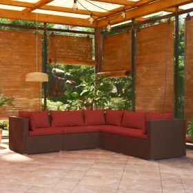 5 Piece Patio Lounge Set with Cushions Poly Rattan Brown (Color: Brown)